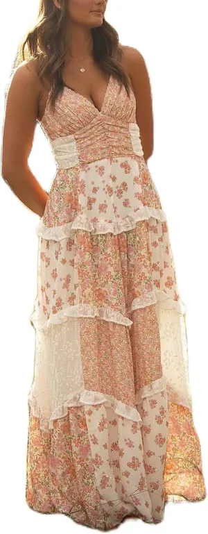 Women Y2k Patchwork Floral Maxi Dress Boho Smocked Tie Shoulder Long Sundress Flowy Summer Beach Vacation Dresses