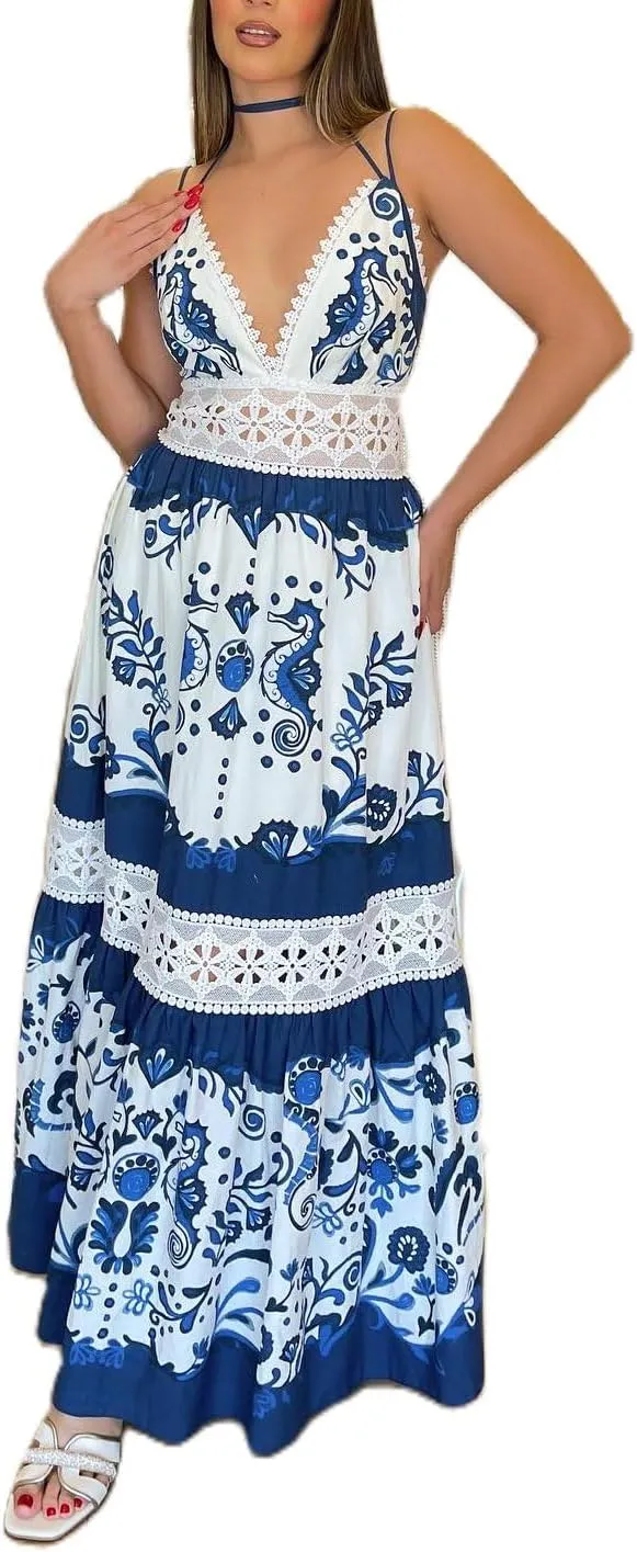Women Y2k Patchwork Floral Maxi Dress Boho Smocked Tie Shoulder Long Sundress Flowy Summer Beach Vacation Dresses