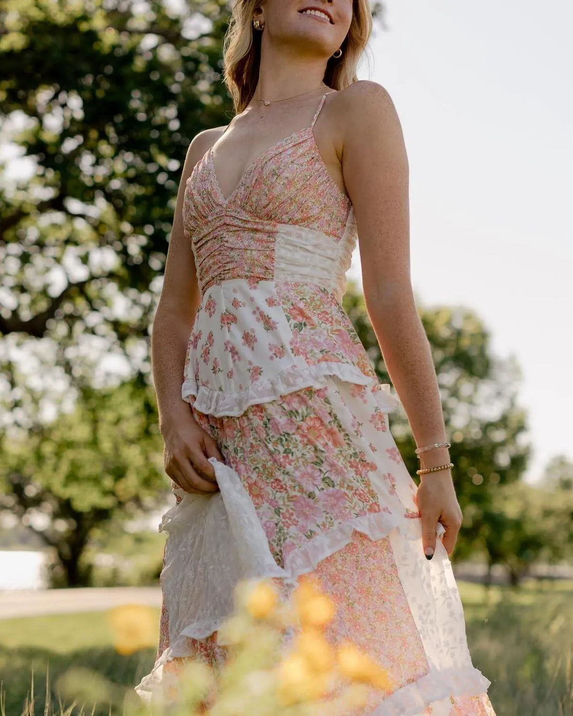 Women Y2k Patchwork Floral Maxi Dress Boho Smocked Tie Shoulder Long Sundress Flowy Summer Beach Vacation Dresses
