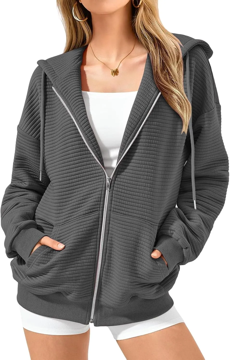 Women Zip Up Hoodie Long Sleeve Hooded Oversized Sweatshirts Y2K Jacket with Pockets Casual Drawstring Fall Coat
