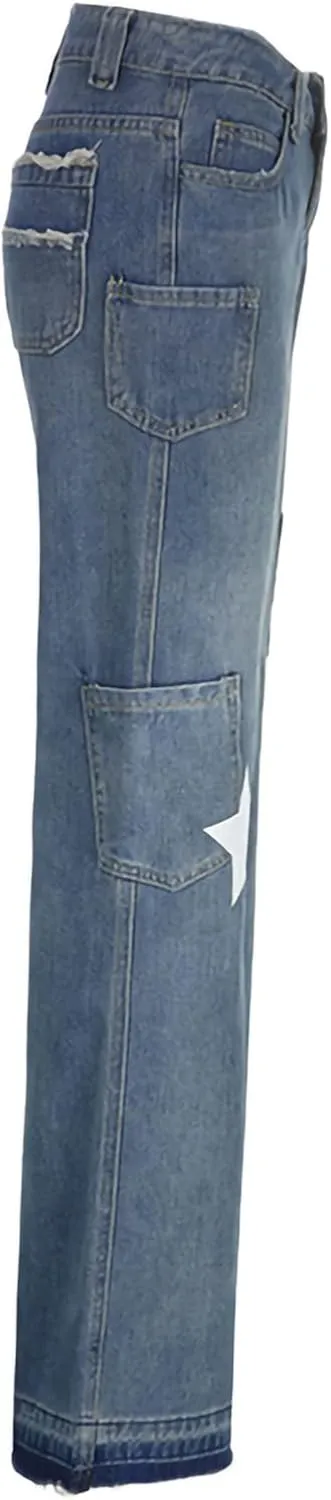 Women's Baggy Denim Pants High Waisted Y2K Wide Leg Oversized Plus Size Boyfriend Cargo Jeans Streetwear Trousers