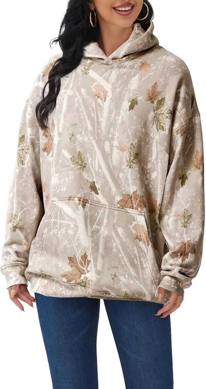 Women's Camo Hoodie Camo Sweatshirt Maple Leaf Print Oversized Fleece Camo Sweater Classic Pullover with Pocket