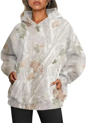 Women's Camo Hoodie Camo Sweatshirt Maple Leaf Print Oversized Fleece Camo Sweater Classic Pullover with Pocket