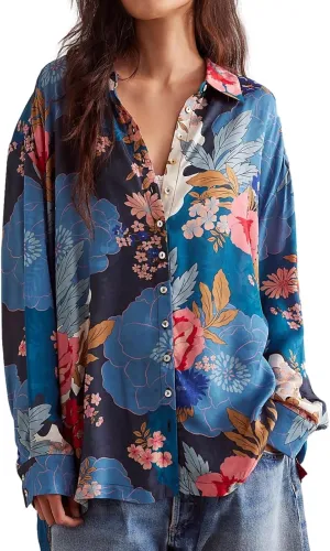 Women's Casual Boho Floral Print Shirts Loose Fit Long Sleeve Lightweight V Neck Button Down Blouse Tops