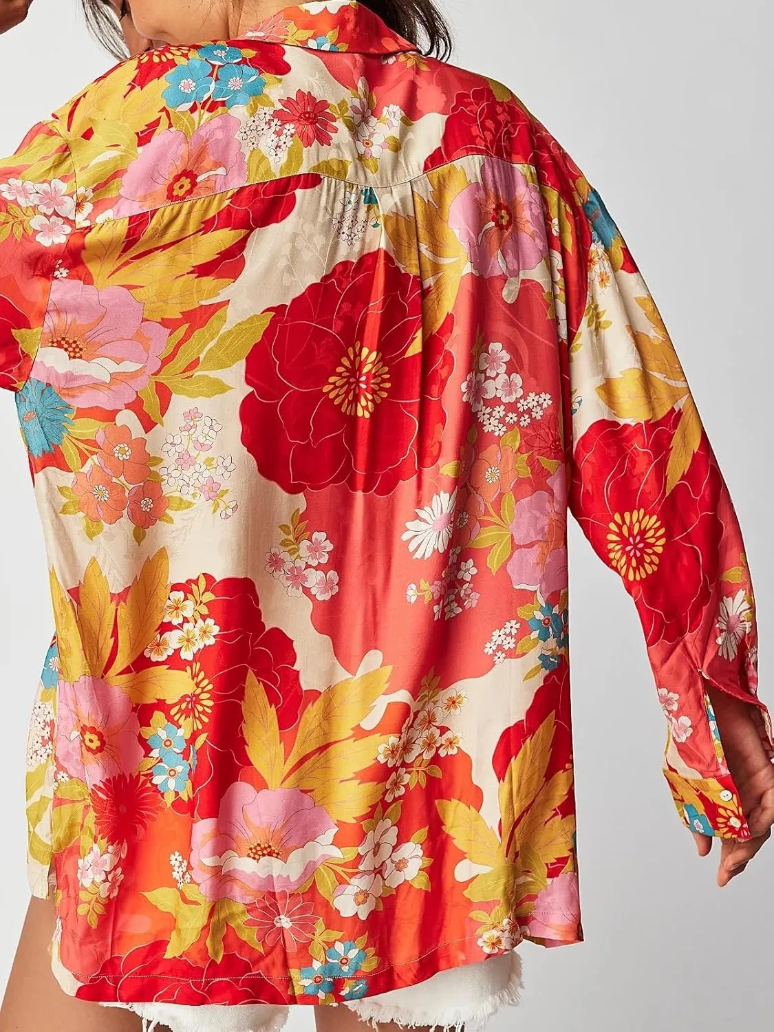 Women's Casual Boho Floral Print Shirts Loose Fit Long Sleeve Lightweight V Neck Button Down Blouse Tops