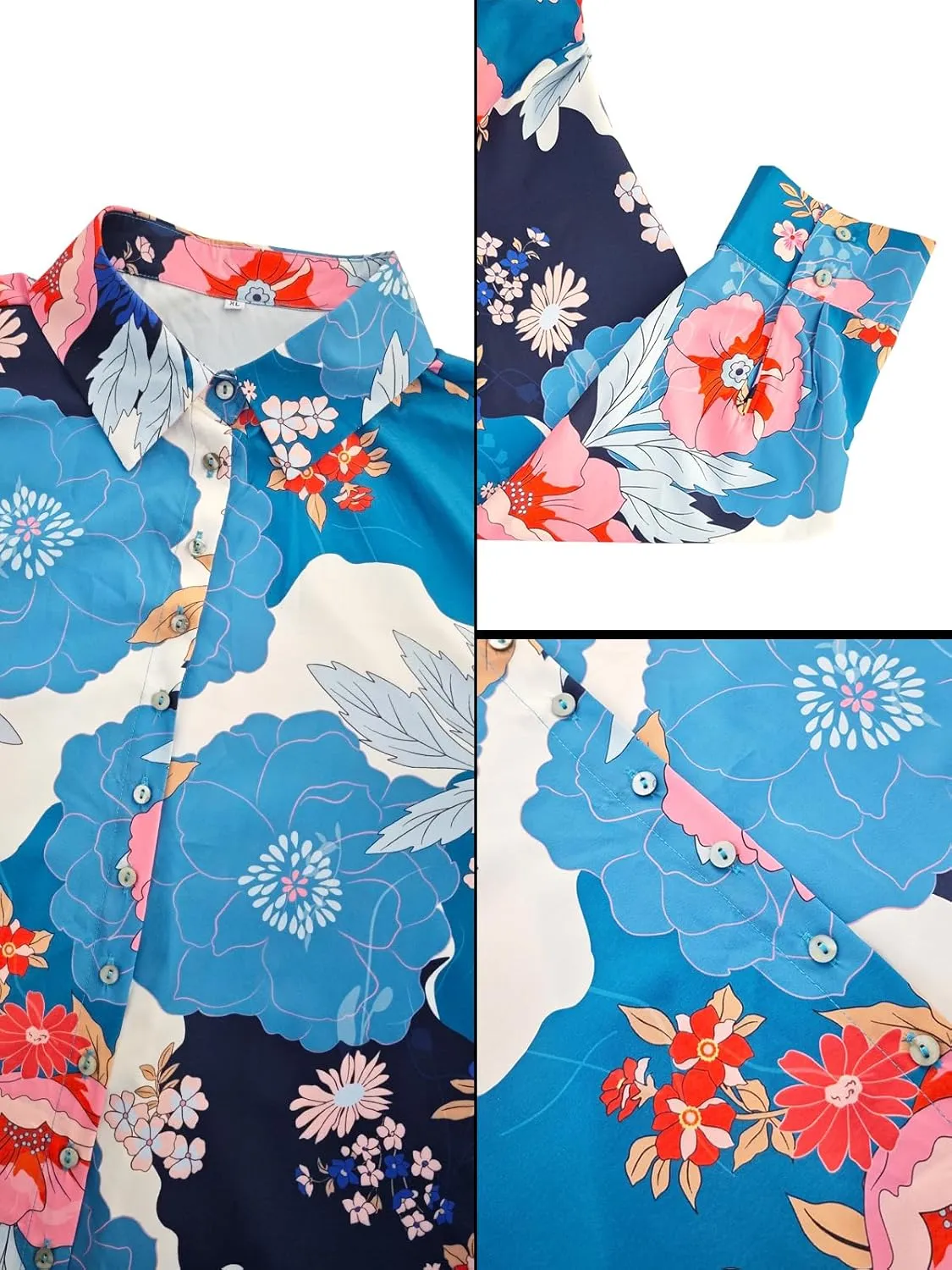 Women's Casual Boho Floral Print Shirts Loose Fit Long Sleeve Lightweight V Neck Button Down Blouse Tops