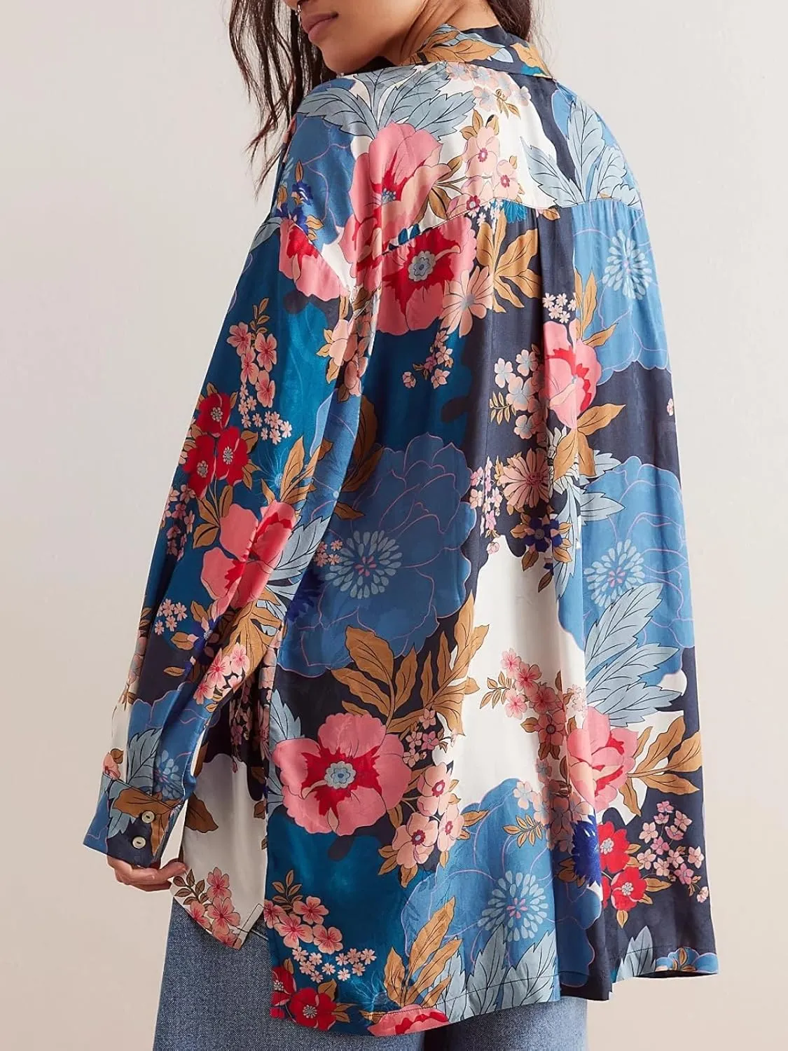 Women's Casual Boho Floral Print Shirts Loose Fit Long Sleeve Lightweight V Neck Button Down Blouse Tops