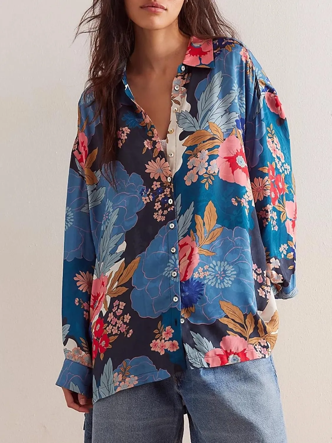 Women's Casual Boho Floral Print Shirts Loose Fit Long Sleeve Lightweight V Neck Button Down Blouse Tops