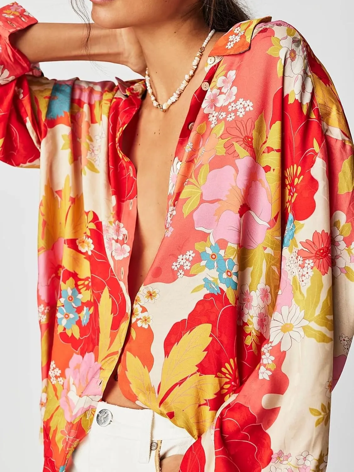 Women's Casual Boho Floral Print Shirts Loose Fit Long Sleeve Lightweight V Neck Button Down Blouse Tops