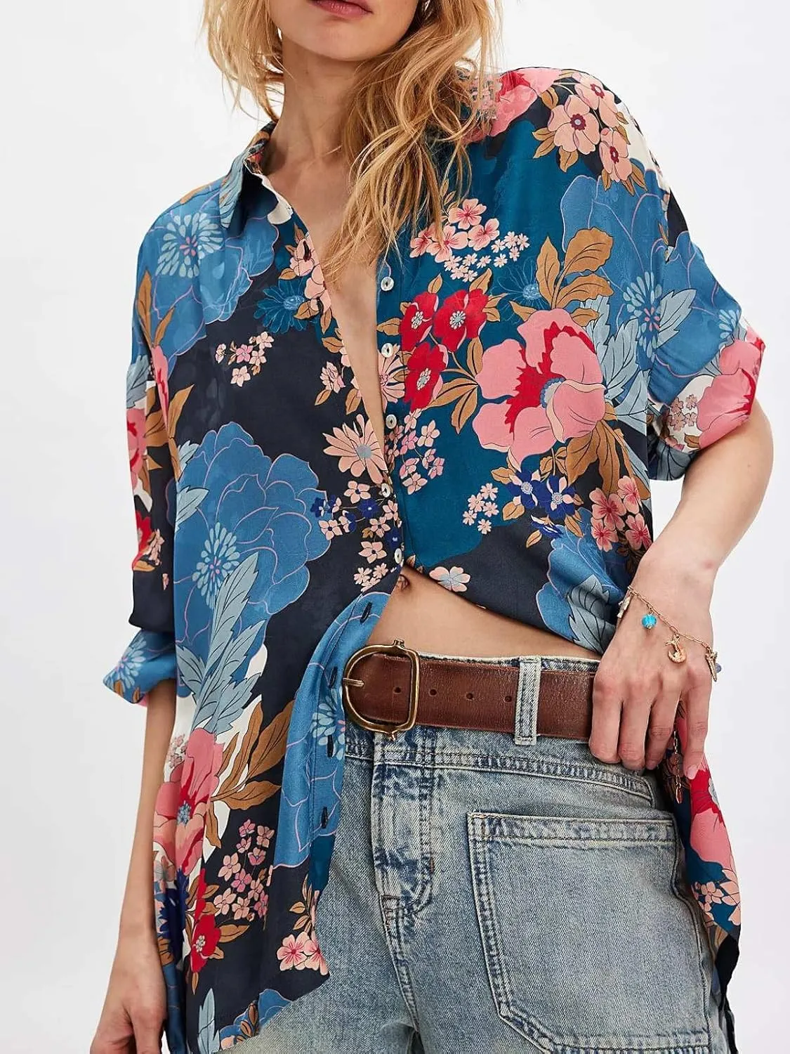 Women's Casual Boho Floral Print Shirts Loose Fit Long Sleeve Lightweight V Neck Button Down Blouse Tops