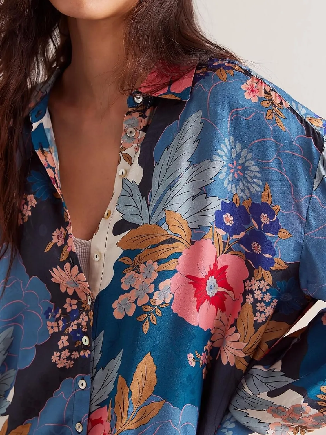 Women's Casual Boho Floral Print Shirts Loose Fit Long Sleeve Lightweight V Neck Button Down Blouse Tops