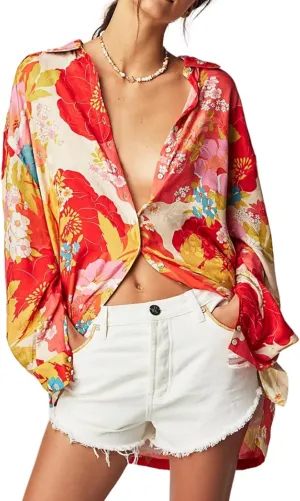 Women's Casual Boho Floral Print Shirts Loose Fit Long Sleeve Lightweight V Neck Button Down Blouse Tops