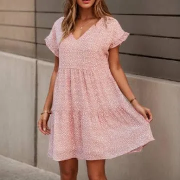 Women's Casual Flowy Mini Floral Chiffon Tiered Dress Swing Babydoll A-line Ruffle Cap Sleeve V Neck High Waist Short Dresses
