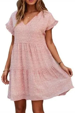 Women's Casual Flowy Mini Floral Chiffon Tiered Dress Swing Babydoll A-line Ruffle Cap Sleeve V Neck High Waist Short Dresses