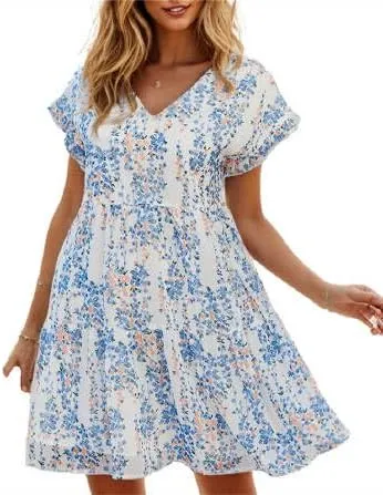 Women's Casual Flowy Mini Floral Chiffon Tiered Dress Swing Babydoll A-line Ruffle Cap Sleeve V Neck High Waist Short Dresses