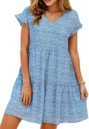 Women's Casual Flowy Mini Floral Chiffon Tiered Dress Swing Babydoll A-line Ruffle Cap Sleeve V Neck High Waist Short Dresses