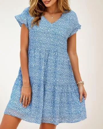 Women's Casual Flowy Mini Floral Chiffon Tiered Dress Swing Babydoll A-line Ruffle Cap Sleeve V Neck High Waist Short Dresses