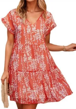 Women's Casual Flowy Mini Floral Chiffon Tiered Dress Swing Babydoll A-line Ruffle Cap Sleeve V Neck High Waist Short Dresses