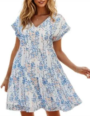 Women's Casual Flowy Mini Floral Chiffon Tiered Dress Swing Babydoll A-line Ruffle Cap Sleeve V Neck High Waist Short Dresses