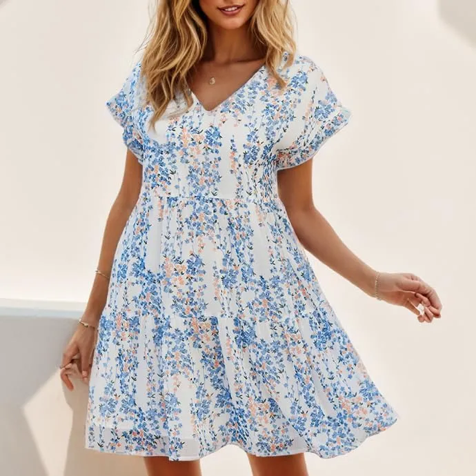 Women's Casual Flowy Mini Floral Chiffon Tiered Dress Swing Babydoll A-line Ruffle Cap Sleeve V Neck High Waist Short Dresses