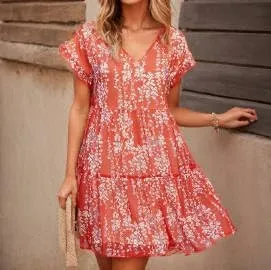 Women's Casual Flowy Mini Floral Chiffon Tiered Dress Swing Babydoll A-line Ruffle Cap Sleeve V Neck High Waist Short Dresses