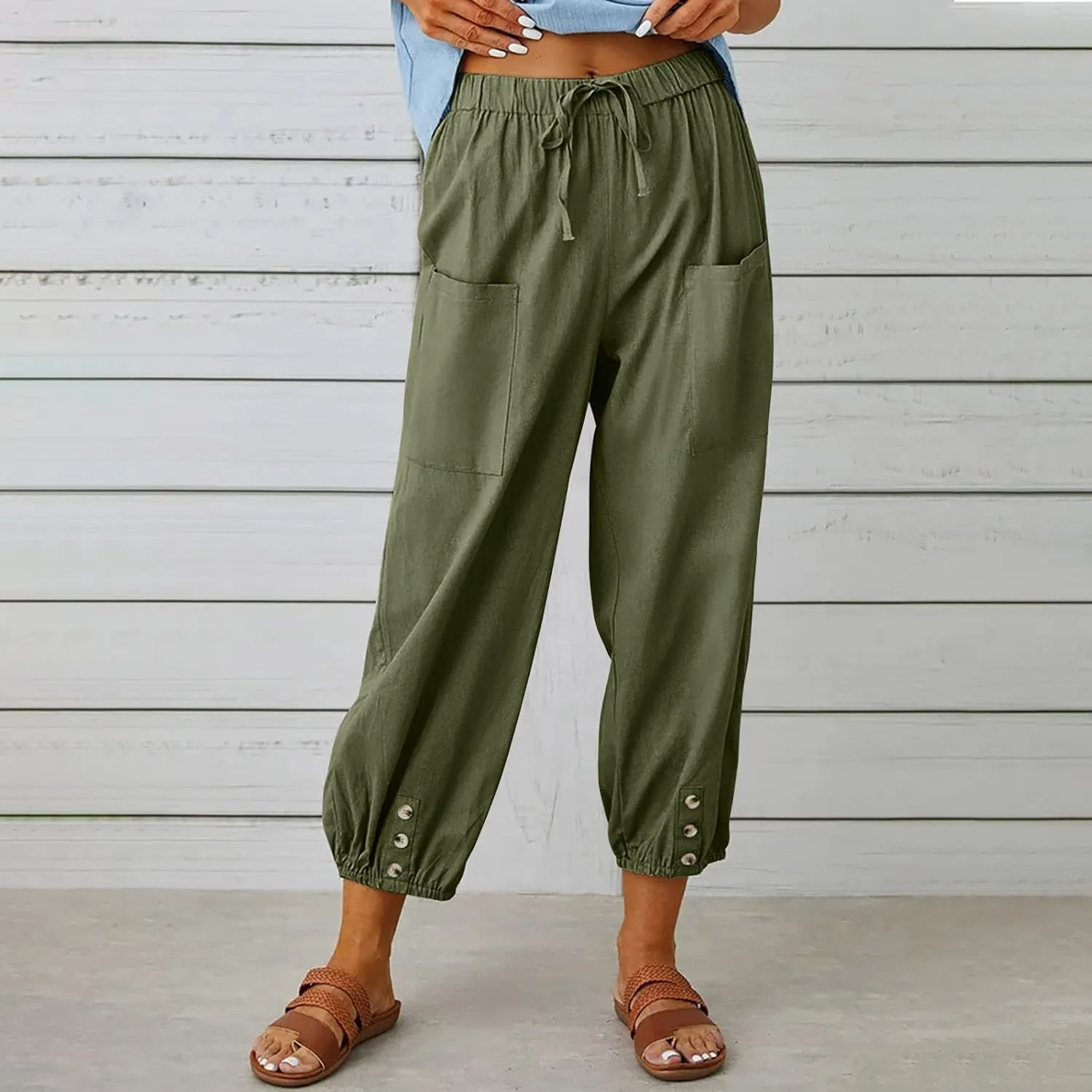 Women's Casual Lantern Tapered Harem Pants Loose Fit Style Flax Ankle Trousers Summer Baggy Slacks with Pocket