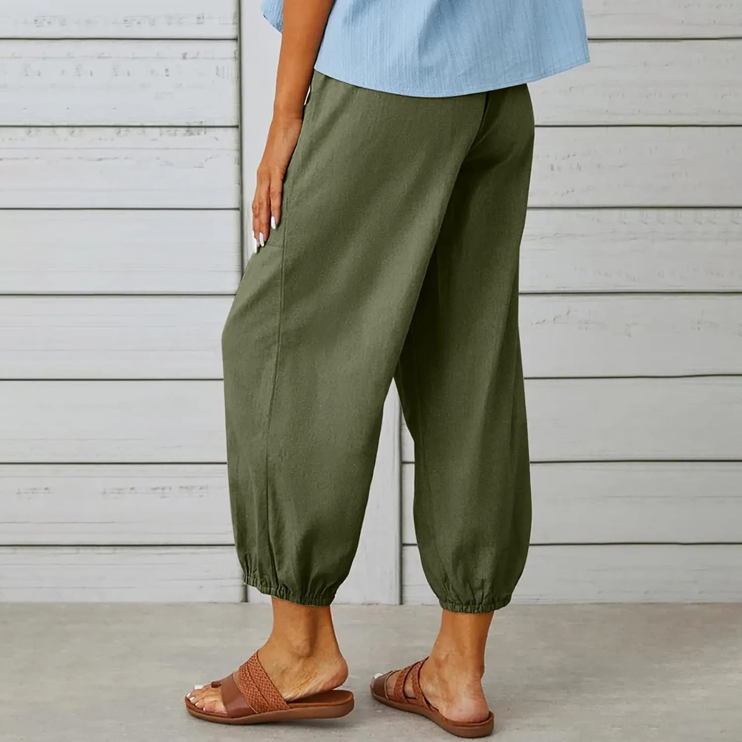 Women's Casual Lantern Tapered Harem Pants Loose Fit Style Flax Ankle Trousers Summer Baggy Slacks with Pocket