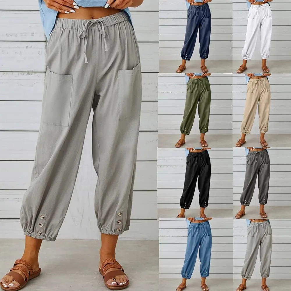 Women's Casual Lantern Tapered Harem Pants Loose Fit Style Flax Ankle Trousers Summer Baggy Slacks with Pocket