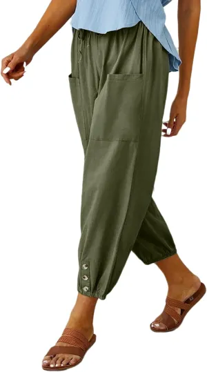 Women's Casual Lantern Tapered Harem Pants Loose Fit Style Flax Ankle Trousers Summer Baggy Slacks with Pocket