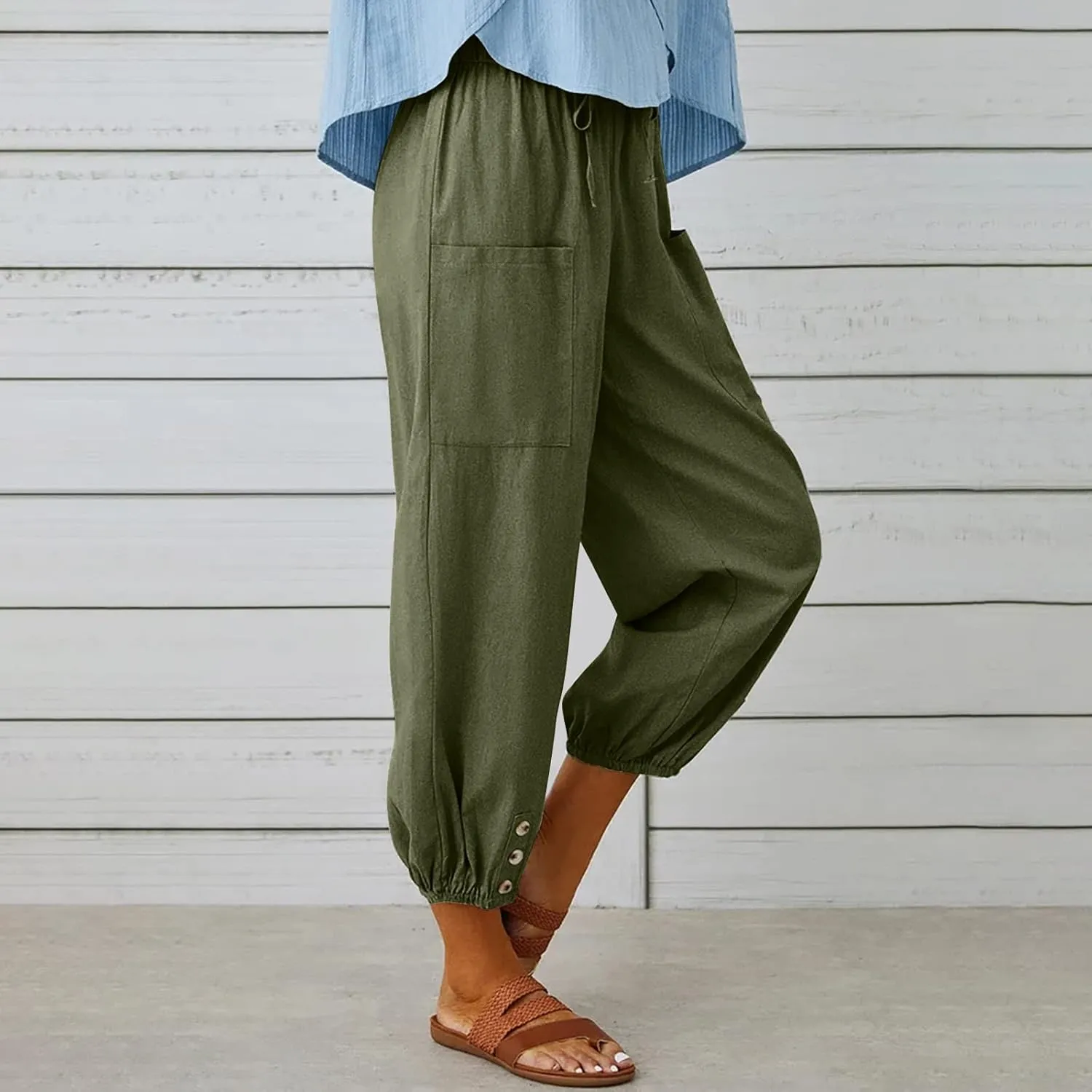 Women's Casual Lantern Tapered Harem Pants Loose Fit Style Flax Ankle Trousers Summer Baggy Slacks with Pocket