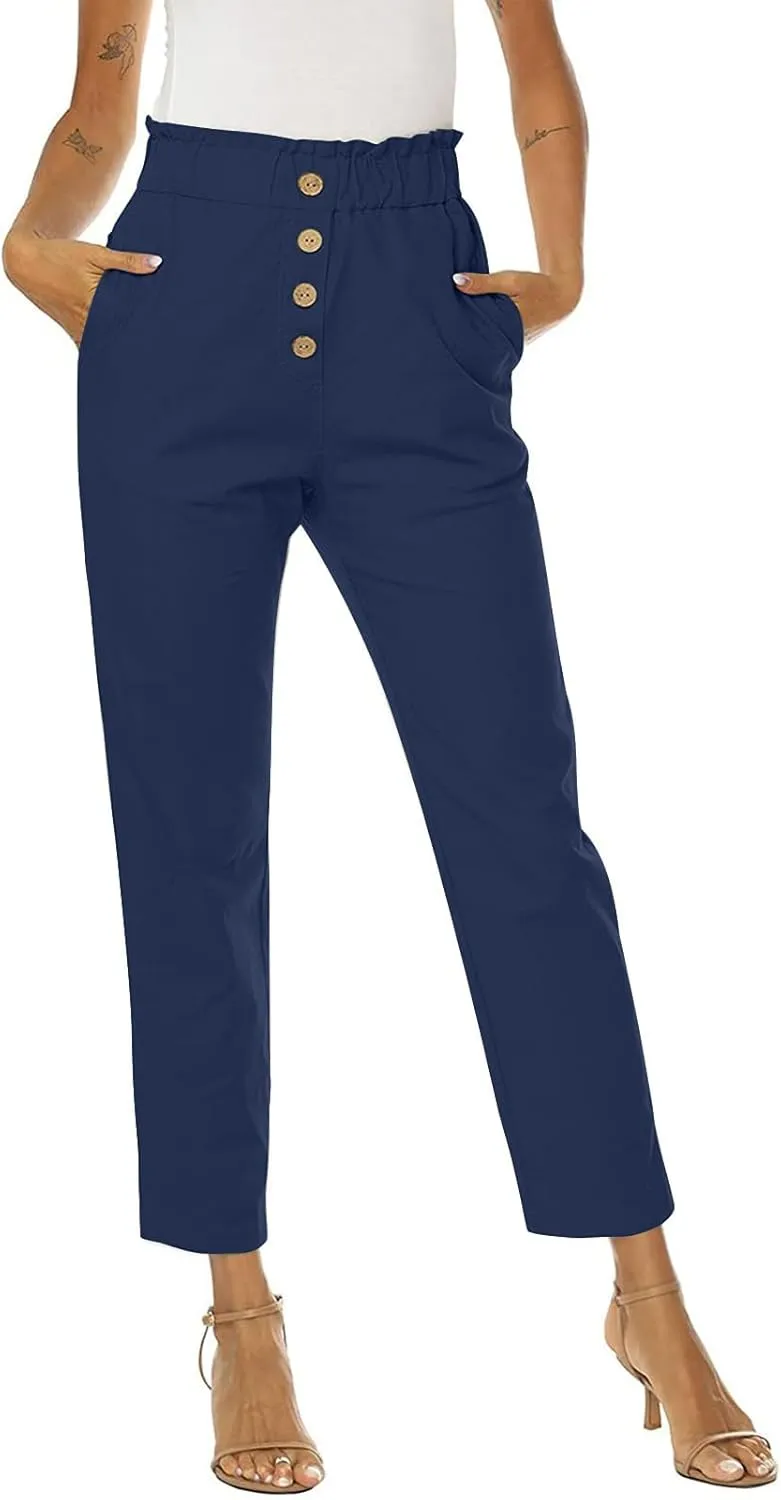 Womens Casual Pants High Waisted Work Pants Elastic High Waist Cropped Pant Business Office Pencil Pant with Pockets