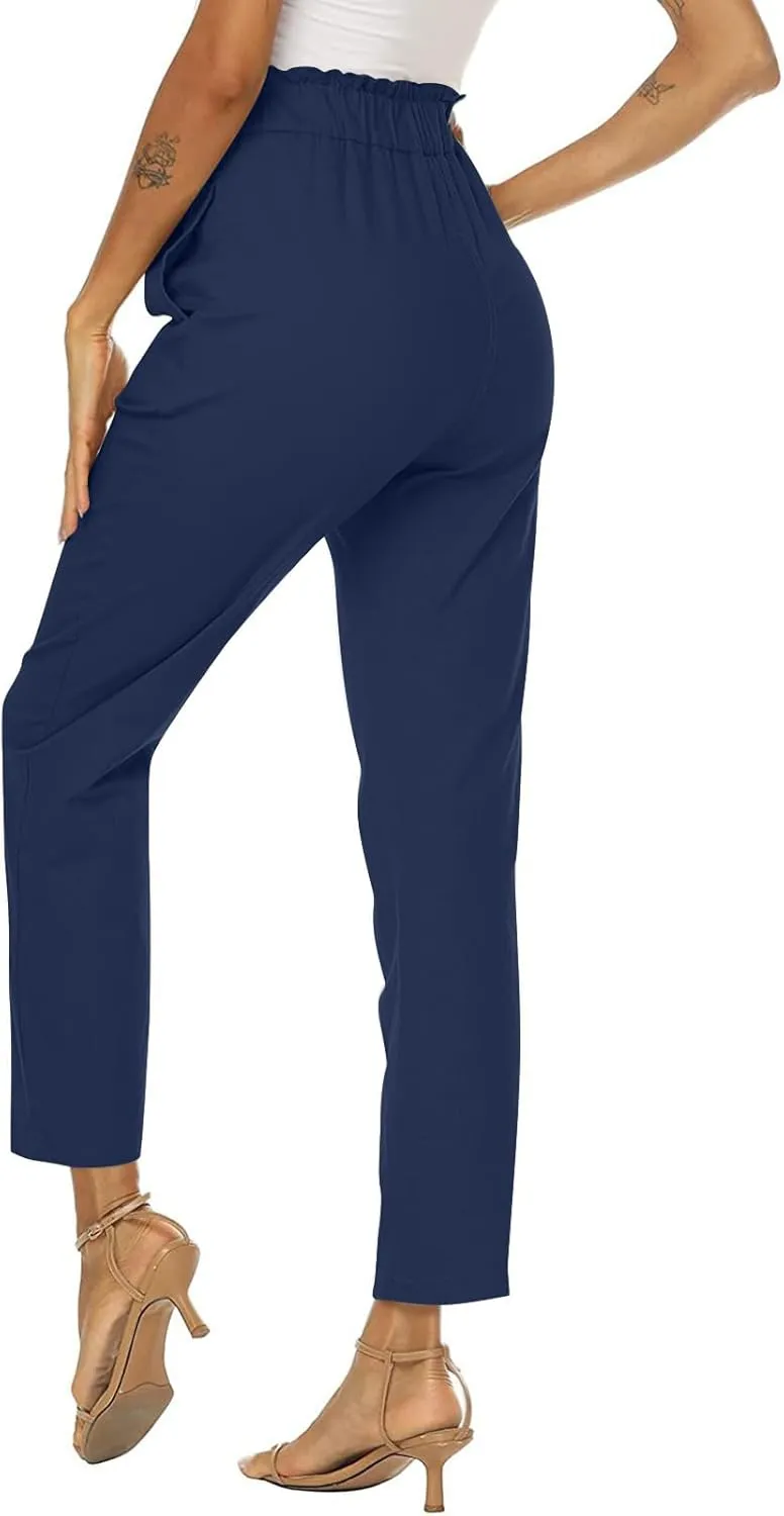 Womens Casual Pants High Waisted Work Pants Elastic High Waist Cropped Pant Business Office Pencil Pant with Pockets