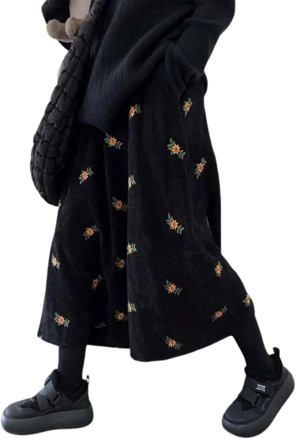 Womens Corduroy Floral Embroidery Long Skirts,Embroidery A-line Flared Swing Midi Skirt,Elastic Waist Corduroy Maxi Skirt