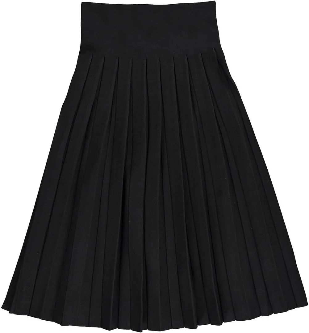 Womens Cotton Pleated Midi Length Fine Knit Skirt- Elastic Waist Office Pleated Skirt