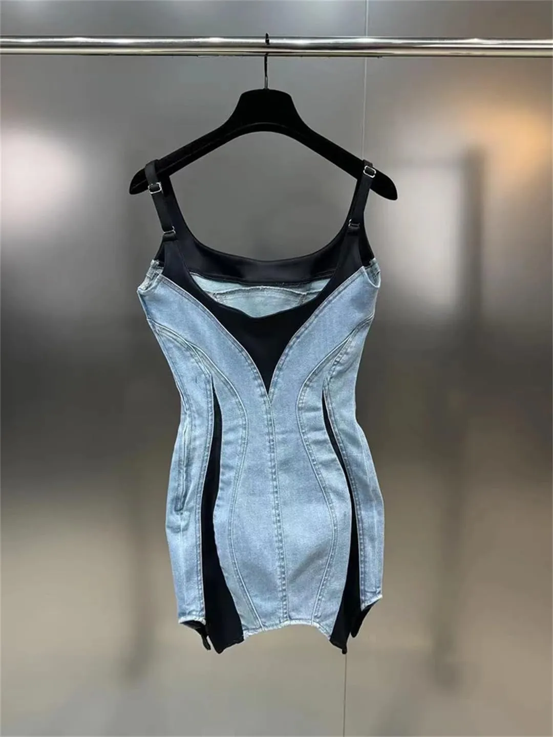 Women's Denim Slim Stretch Patchwork Design Contrast Color High Waist Sling Dress