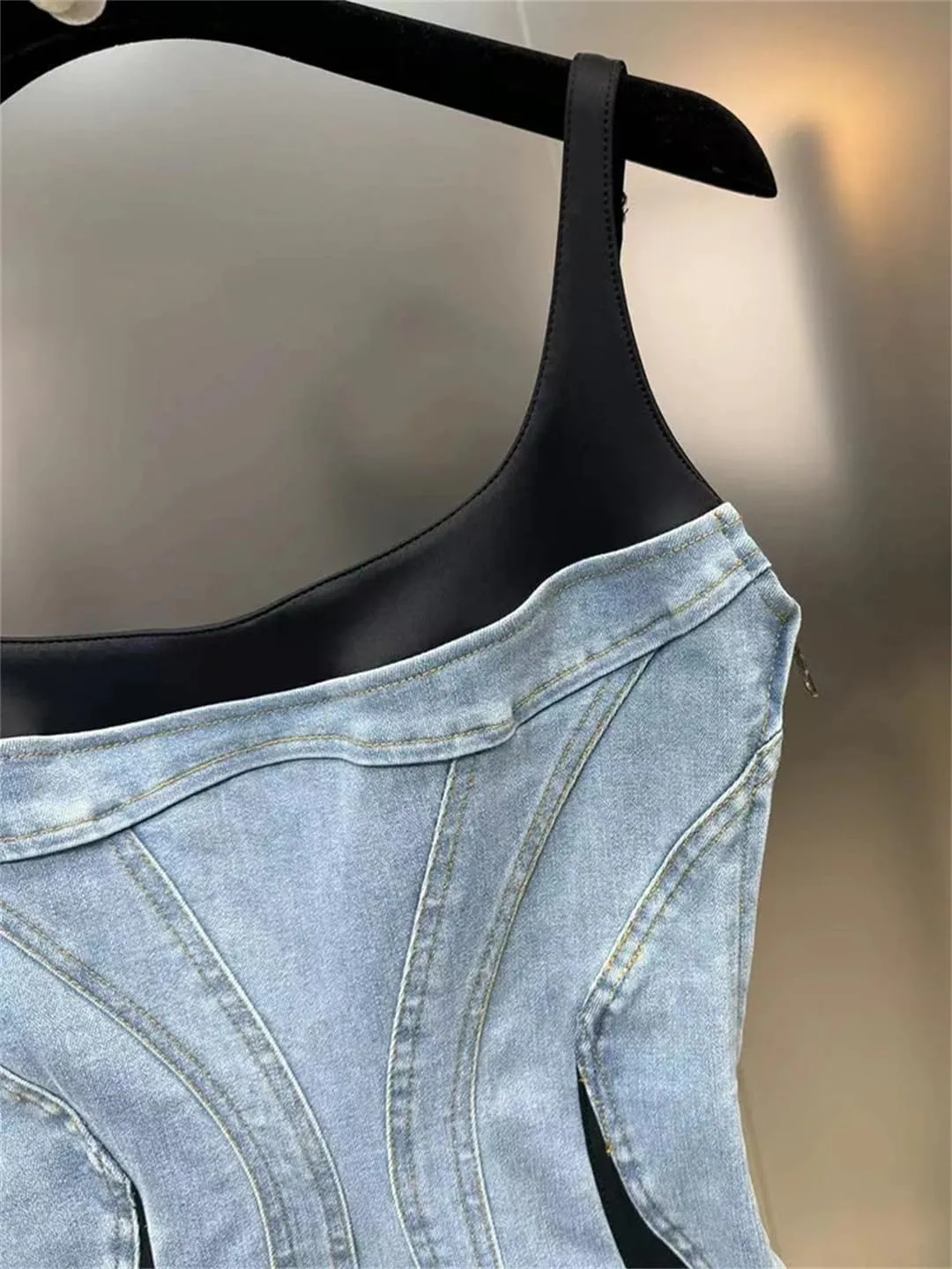 Women's Denim Slim Stretch Patchwork Design Contrast Color High Waist Sling Dress