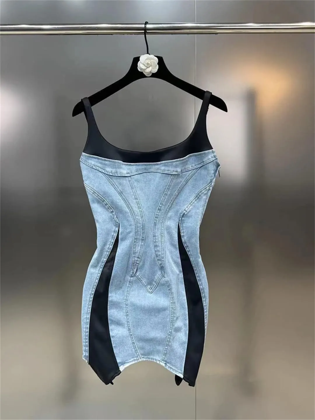 Women's Denim Slim Stretch Patchwork Design Contrast Color High Waist Sling Dress