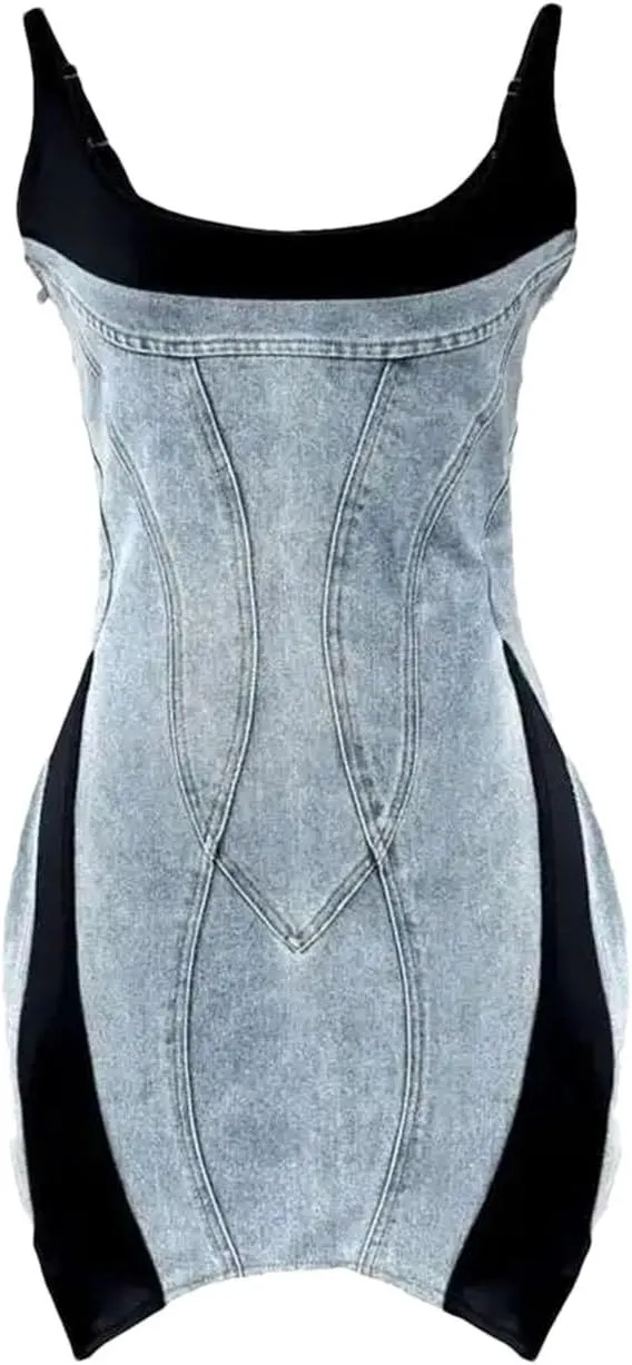 Women's Denim Slim Stretch Patchwork Design Contrast Color High Waist Sling Dress