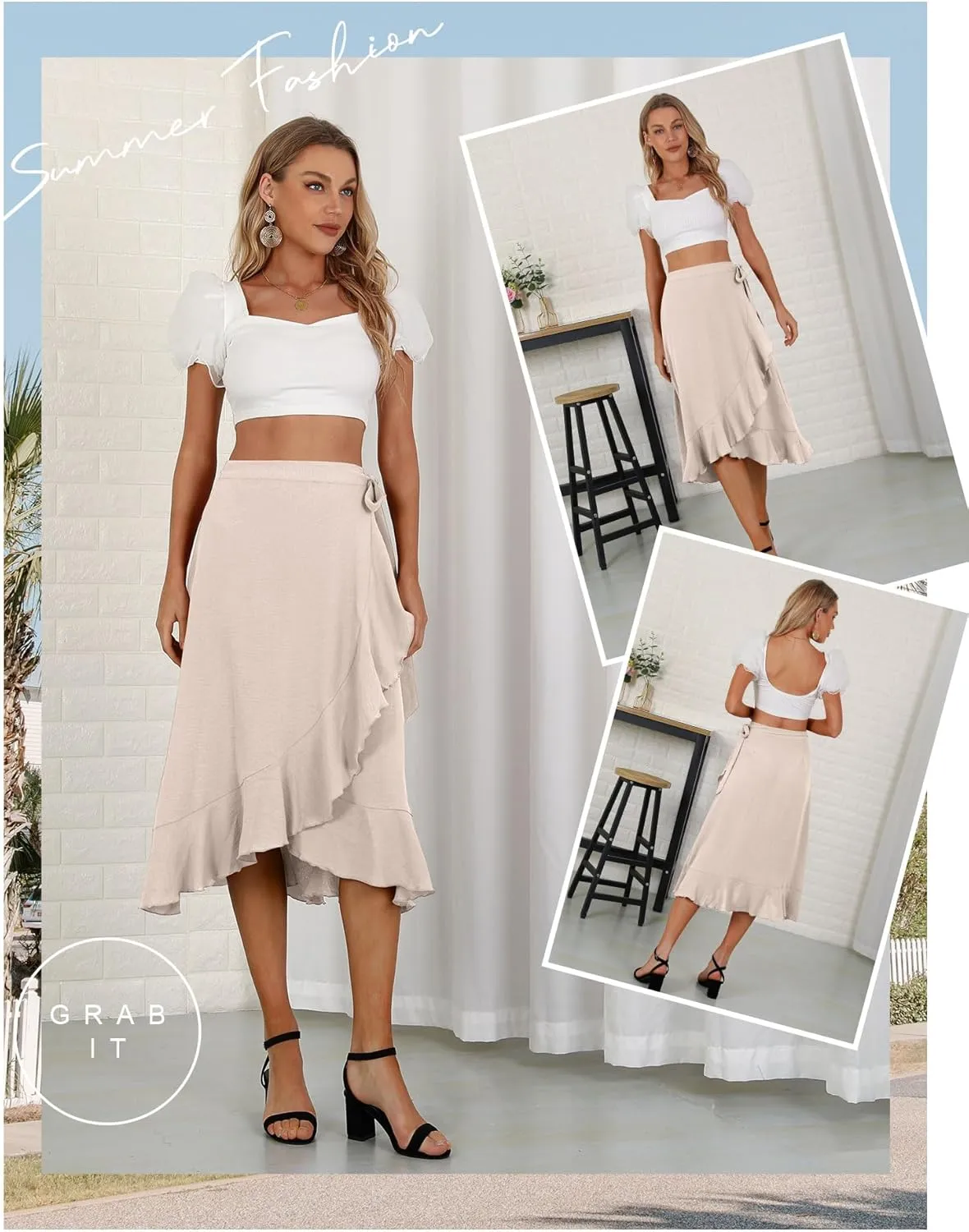Women's Elegant Ruffle Wrap Asymmetrical Tie High Waist Long Skirt A-line Casual Loose Draped Flowy Skirts