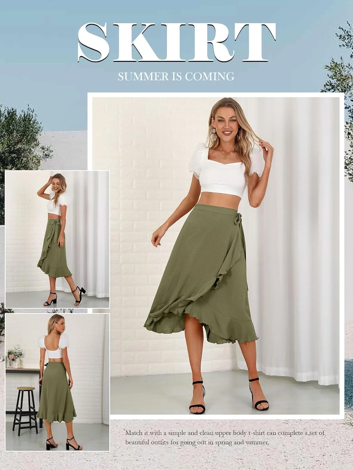Women's Elegant Ruffle Wrap Asymmetrical Tie High Waist Long Skirt A-line Casual Loose Draped Flowy Skirts