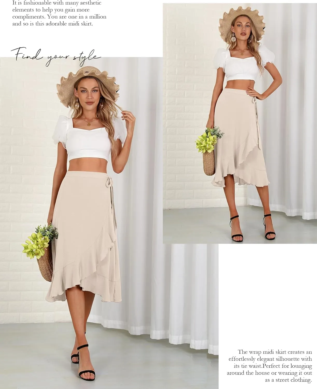 Women's Elegant Ruffle Wrap Asymmetrical Tie High Waist Long Skirt A-line Casual Loose Draped Flowy Skirts