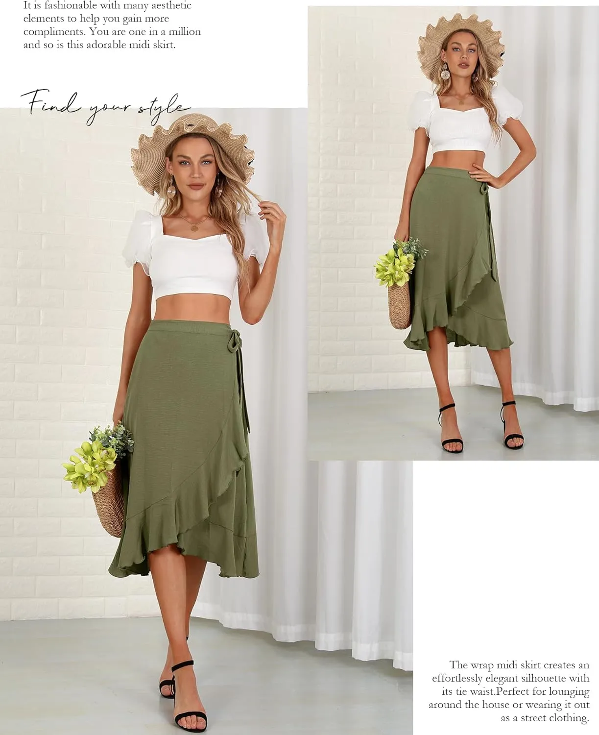 Women's Elegant Ruffle Wrap Asymmetrical Tie High Waist Long Skirt A-line Casual Loose Draped Flowy Skirts