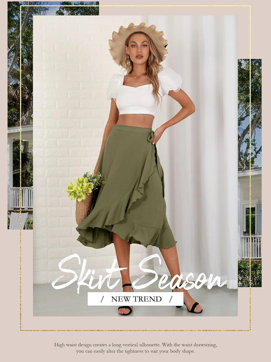 Women's Elegant Ruffle Wrap Asymmetrical Tie High Waist Long Skirt A-line Casual Loose Draped Flowy Skirts