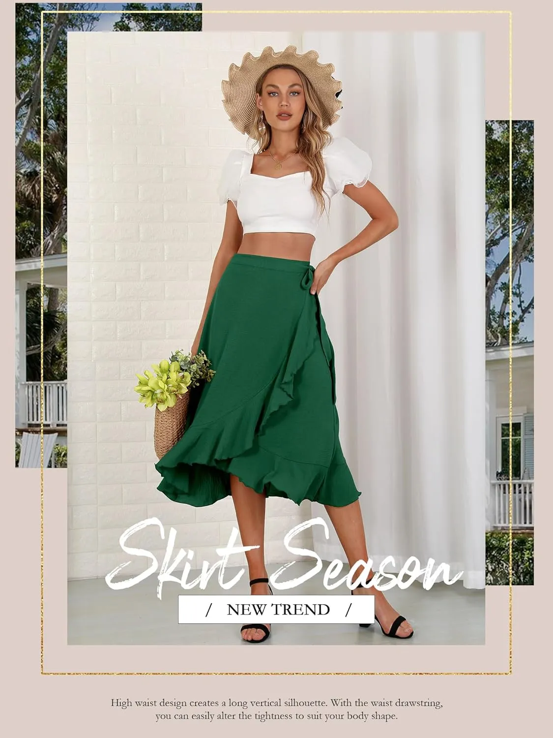 Women's Elegant Ruffle Wrap Asymmetrical Tie High Waist Long Skirt A-line Casual Loose Draped Flowy Skirts