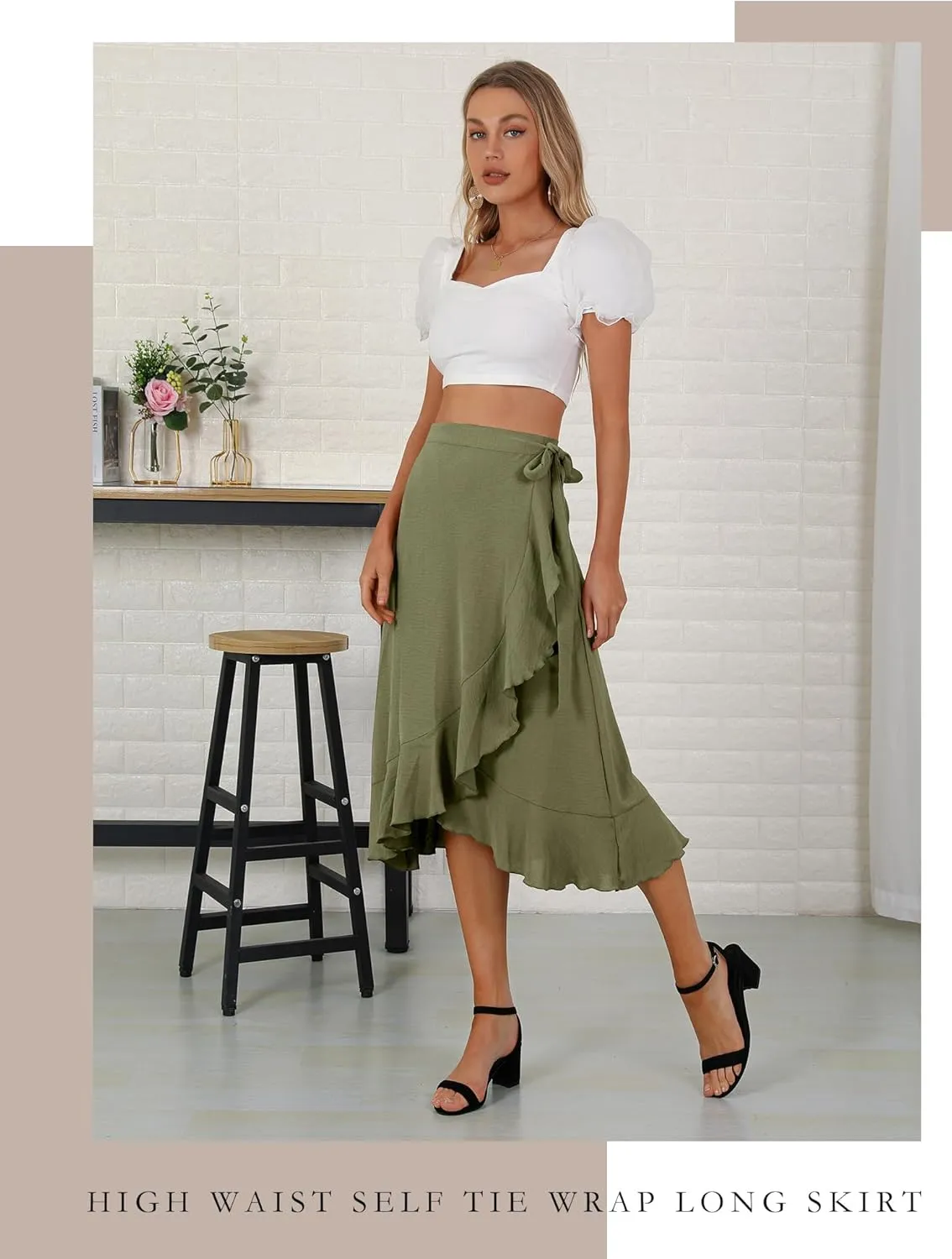 Women's Elegant Ruffle Wrap Asymmetrical Tie High Waist Long Skirt A-line Casual Loose Draped Flowy Skirts