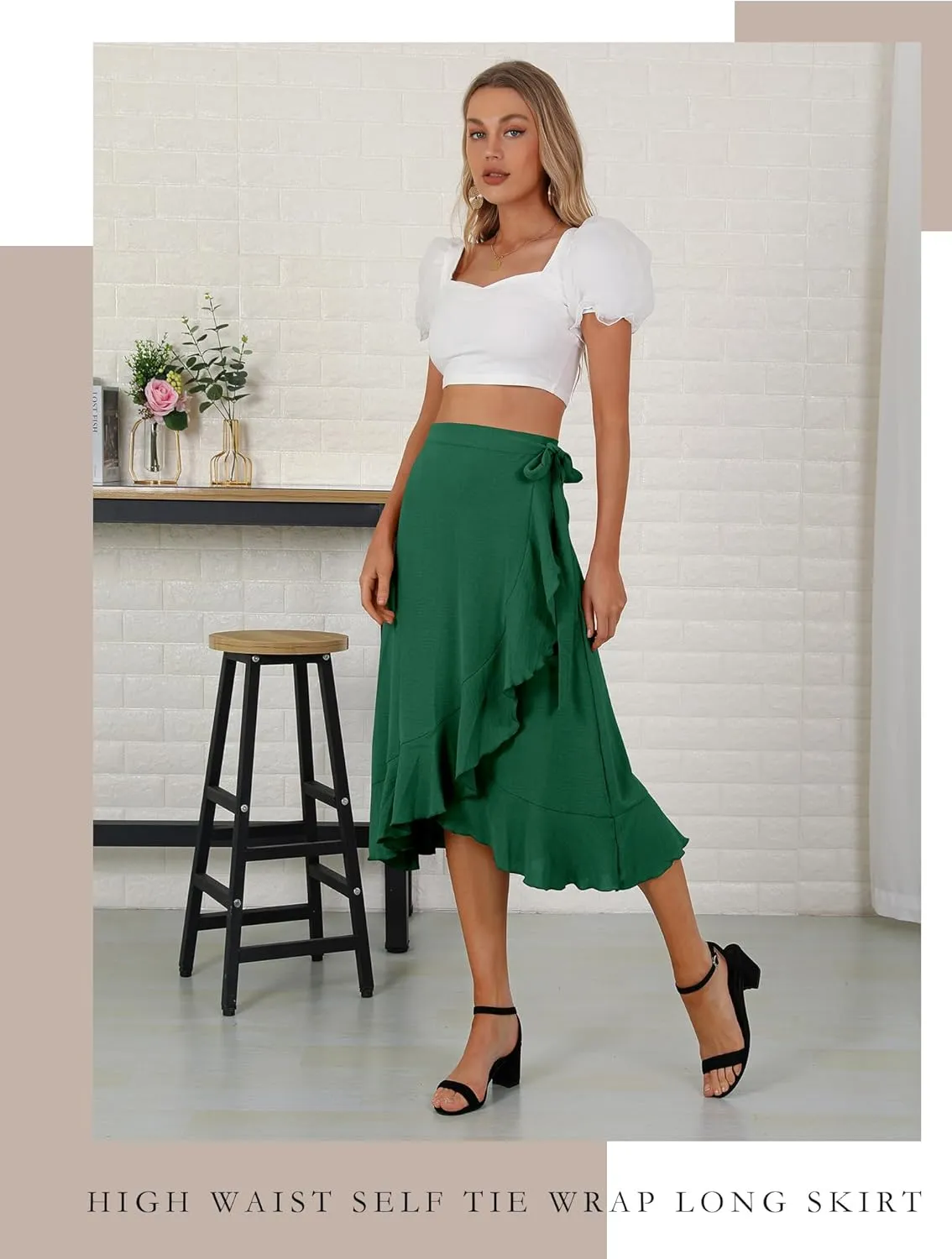 Women's Elegant Ruffle Wrap Asymmetrical Tie High Waist Long Skirt A-line Casual Loose Draped Flowy Skirts