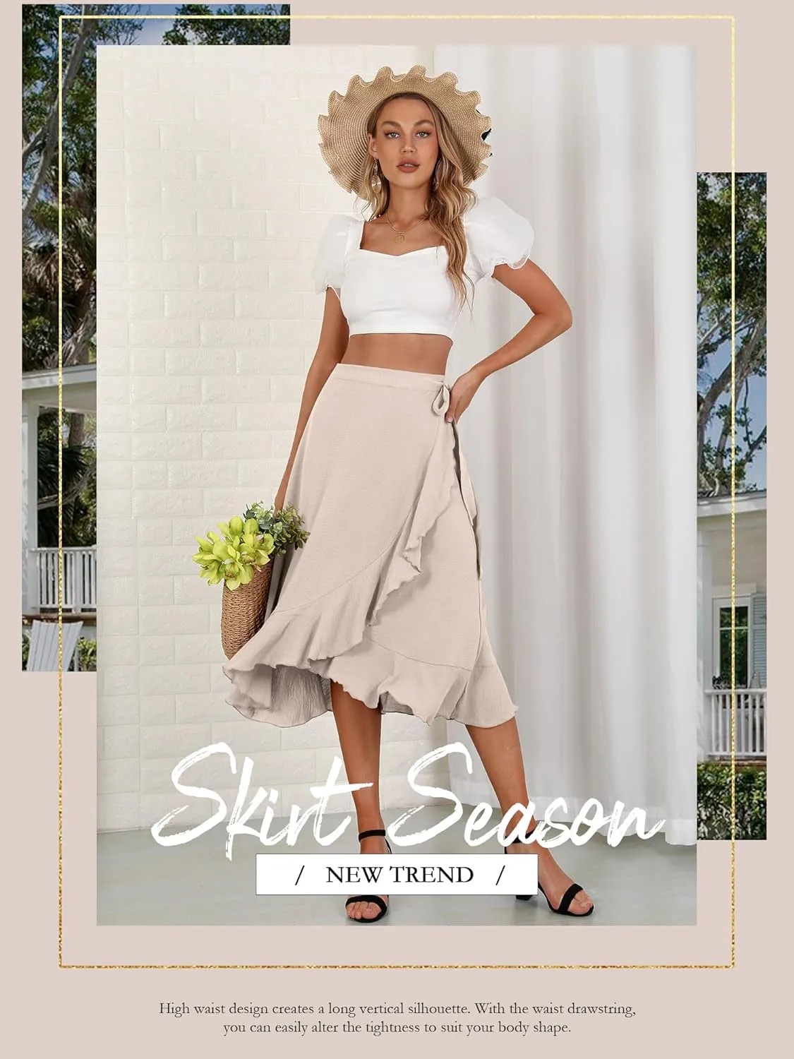 Women's Elegant Ruffle Wrap Asymmetrical Tie High Waist Long Skirt A-line Casual Loose Draped Flowy Skirts