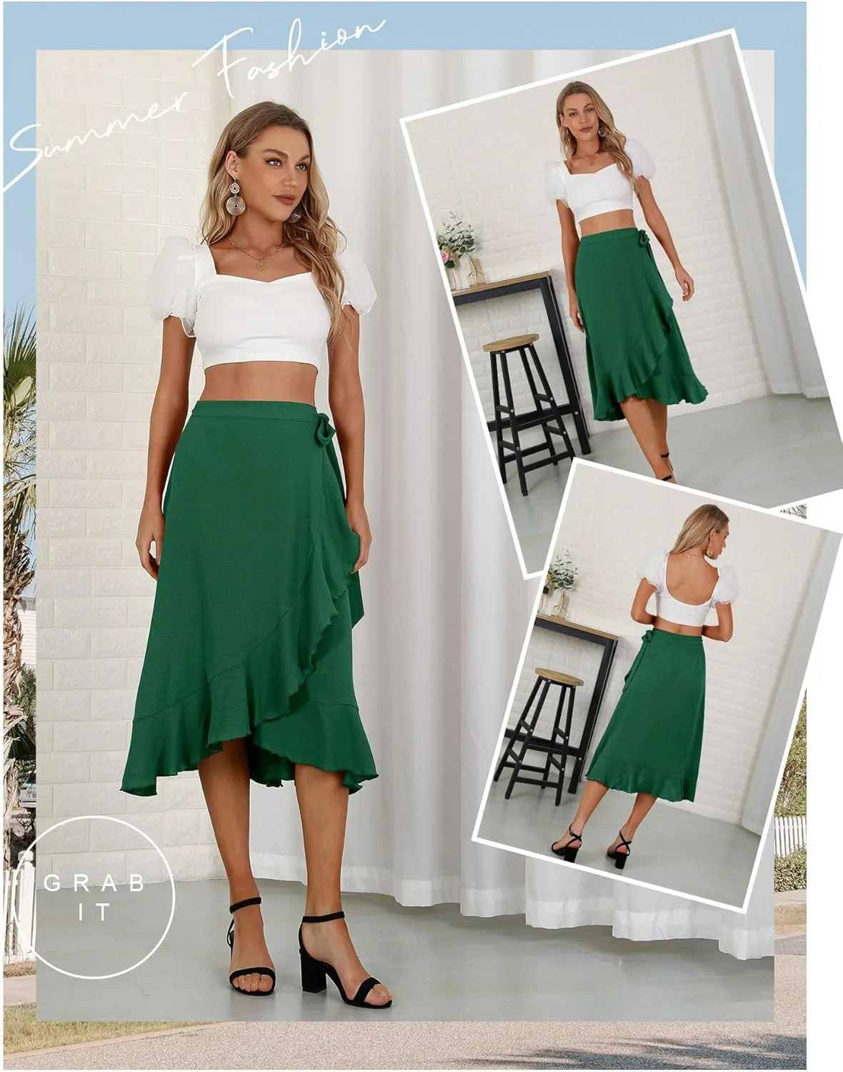 Women's Elegant Ruffle Wrap Asymmetrical Tie High Waist Long Skirt A-line Casual Loose Draped Flowy Skirts