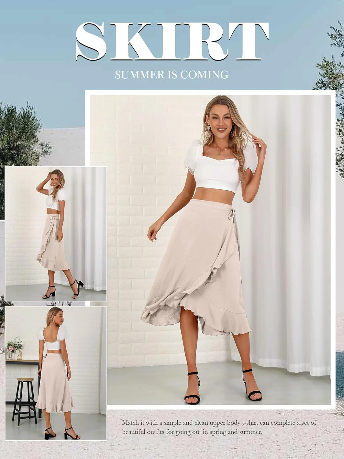 Women's Elegant Ruffle Wrap Asymmetrical Tie High Waist Long Skirt A-line Casual Loose Draped Flowy Skirts
