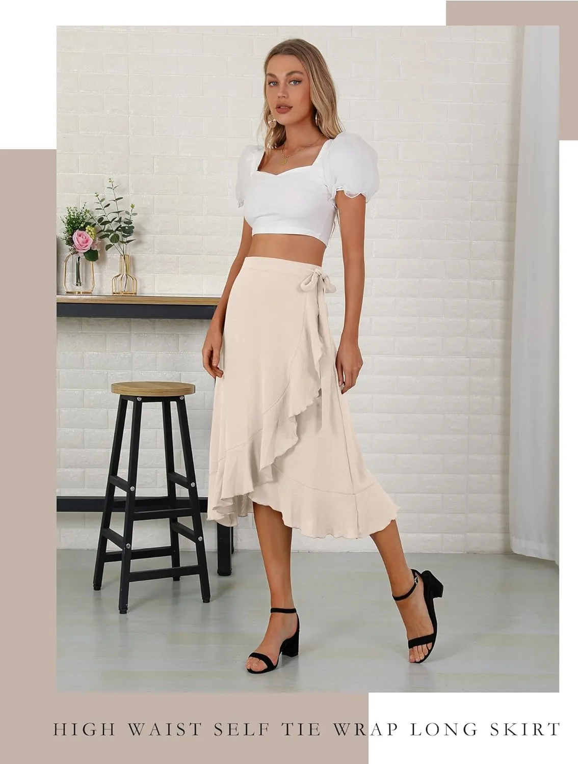 Women's Elegant Ruffle Wrap Asymmetrical Tie High Waist Long Skirt A-line Casual Loose Draped Flowy Skirts
